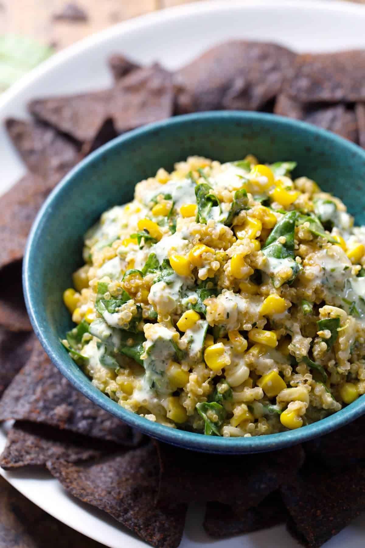 Jalapeño Quinoa Corn Dip in a blue bowl.