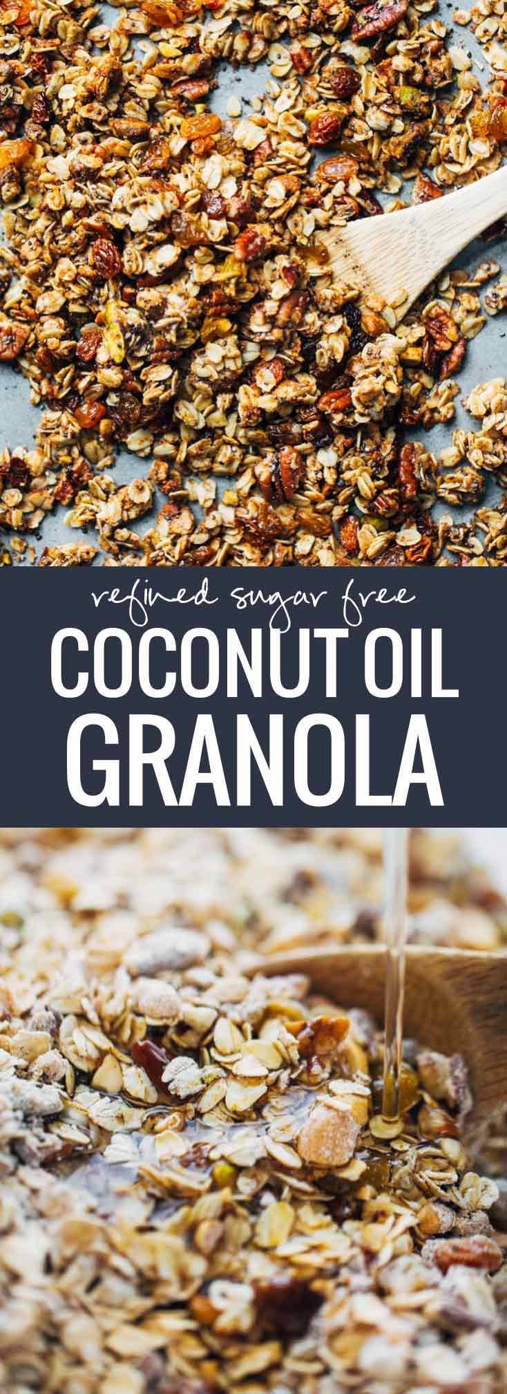 Coconut oil granola in bowl with milk and berries.