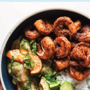 Spicy shrimp with peach salad pin.