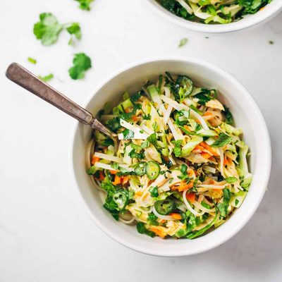 Vietnamese Chicken Salad with Rice Noodles in a bowl.