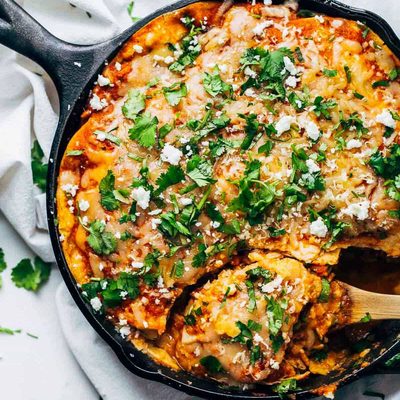 Skillet Chicken Tortilla Pie in a cast iron skillet.